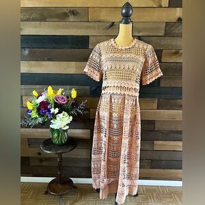 Modern Pink Intricate Crochet Cut Out Lace Cutout Short Sleeve Maxi Dress